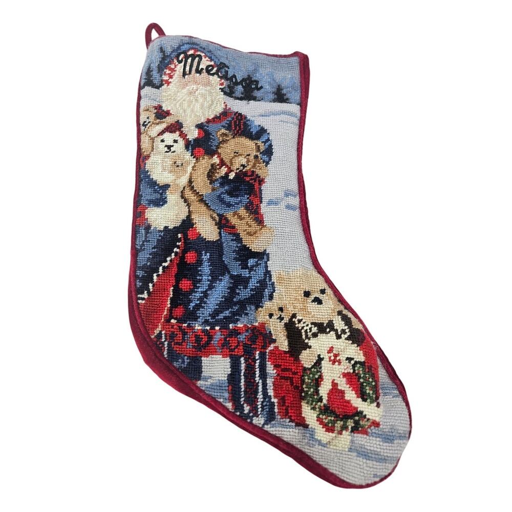 Vintage Needlepoint Stocking Santa Claus Melissa Christmas Traditional
